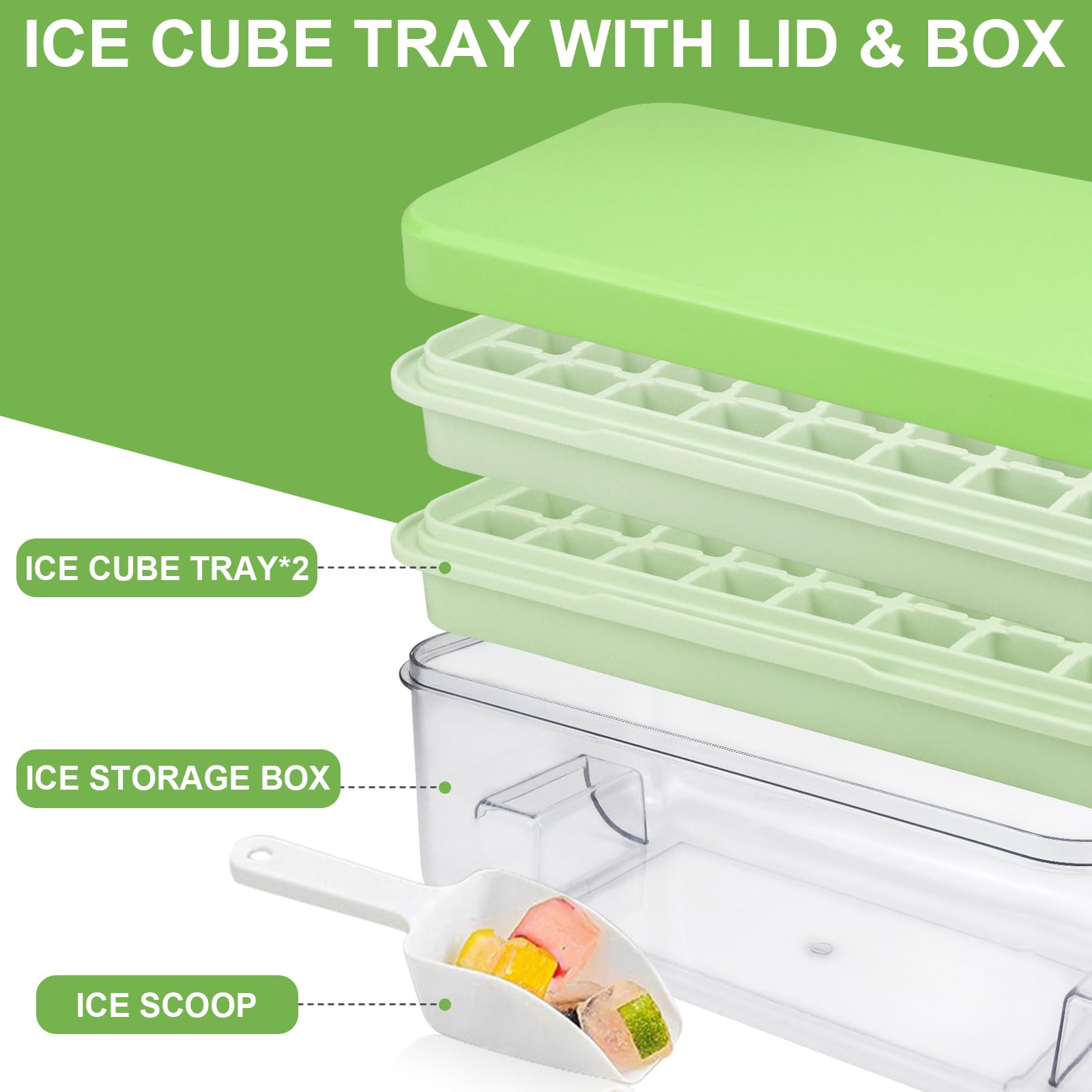 Eiswürfelbehälter mit Deckel und Behälter Set, Leicht zu Lösen und Aufbewahrung Eis, 64 Stück Eiswürfel für Gekühlte Getränke/Obst/Babynahrung, 2 Silikon Eiswürfelform+1 Eiskübel+1 Schaufel, Grün