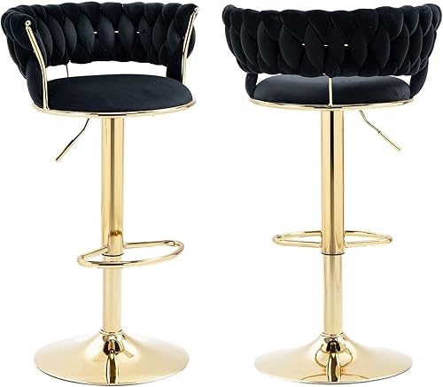 Juego de 2 taburetes de bar giratorios de terciopelo, taburetes de bar ajustables con altura de mostrador, sillas de bar tejidas modernas para isla