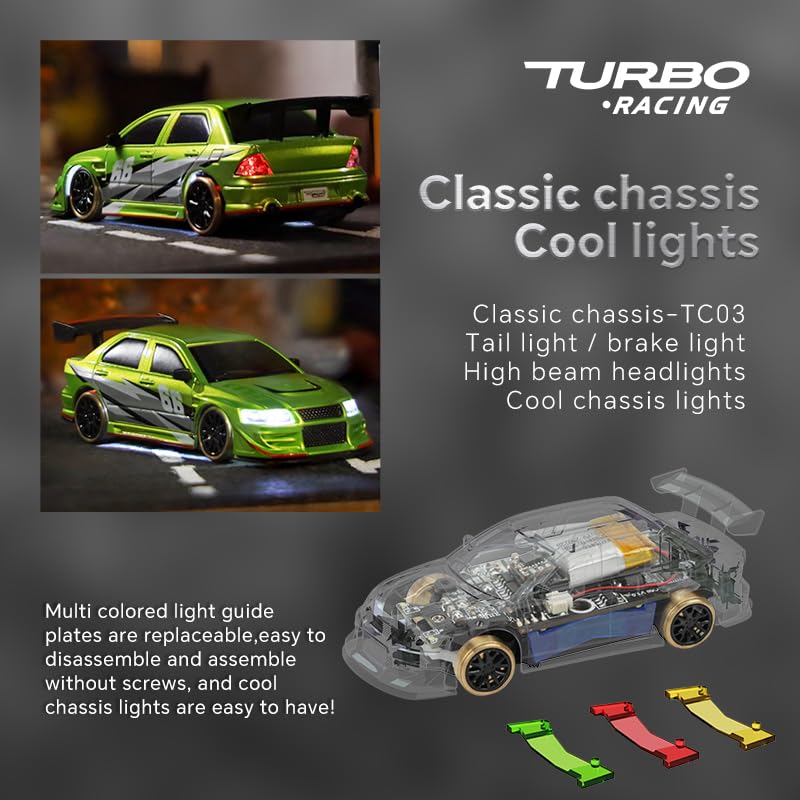 Image of Turbo Racing 1:76 Scale Drift RC Car, Mini Table Racing Model Car with 2.4G Remote Control & Gyro Full Proportional RTR for Adults Hobby Toys Gifts (C66-Green)