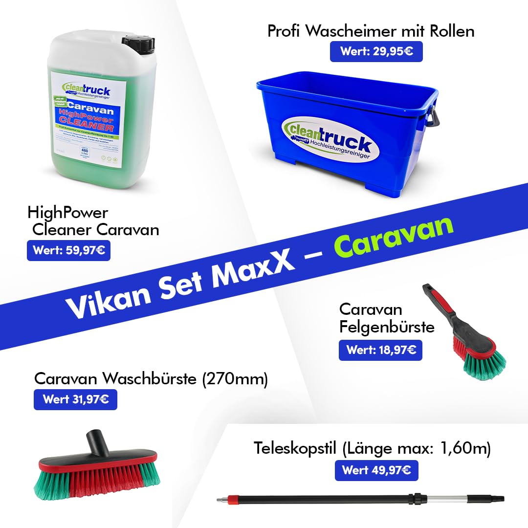 cleantruck Vikan MaxX Caravan Reinigungs-Set | Hochwertiges Komplett-Set für Wohnmobil & Caravan | Waschbürste, Teleskop-Stiel, Felgenbürste, Wascheimer & 5kg HighPower Cleaner