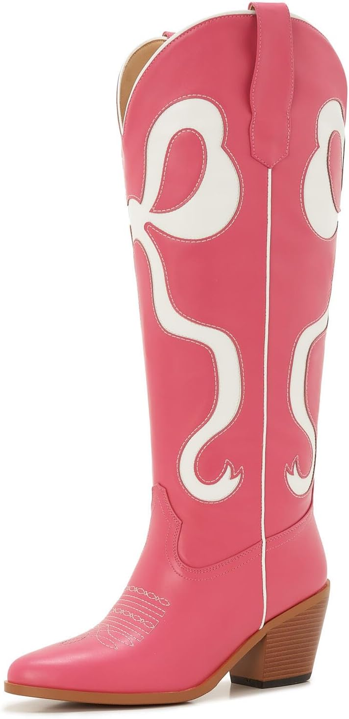 Ojiaoer Bow Boots Cowgirl Knee-High Pink Cowboy Boots For Women