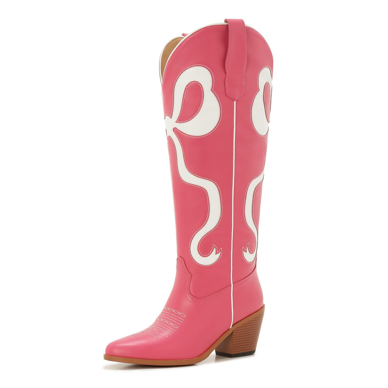 Womens Bow Western Cowboy Boots Pink Knee-High Cowgirl Boots with White Bow Embroidery and Low Chunky Heel