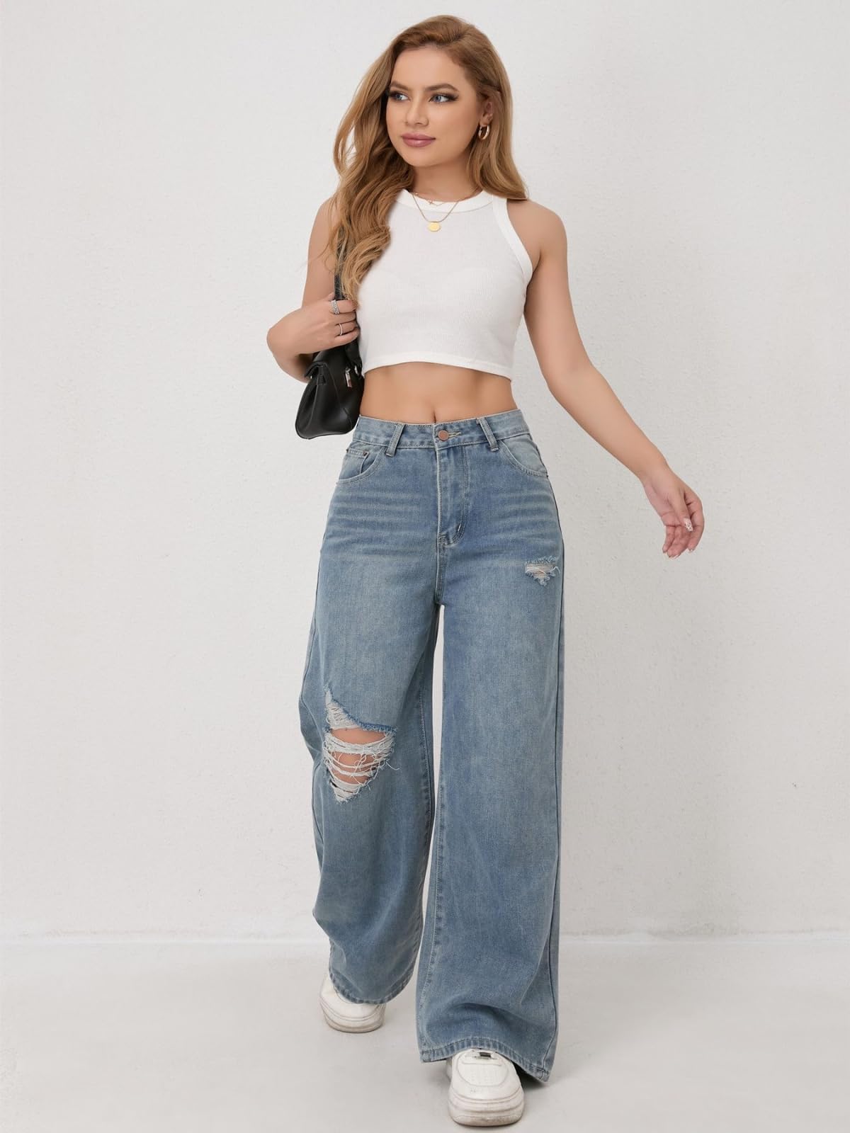 Jeans Donna Strappati A Gamba Retta, Comodi, Eleganti E Versatili per Le Donne -Blu Chiaro-l