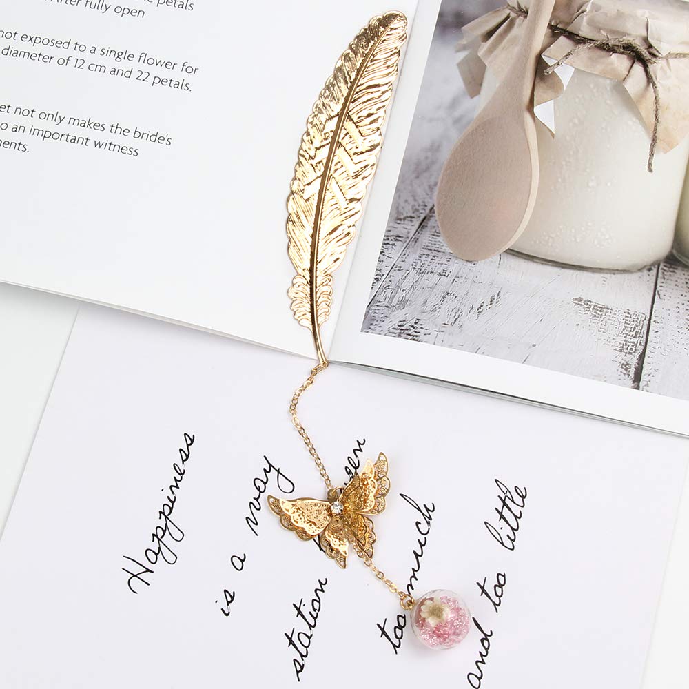 Marcapáginas de Plumas de Metal con Mariposa 3D y Perlas de Vidrio