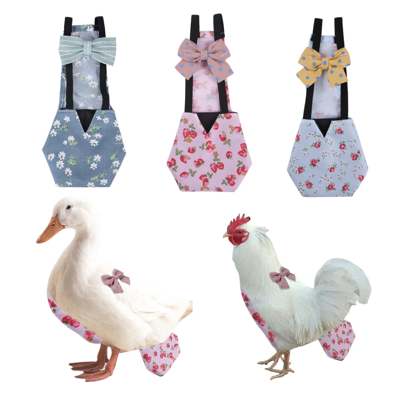 MANON ROSA Chicken Diapers Bantam Hens - Reusable 3-Piece Set with Bow Ties Poultry Nappies Washable Waterproof for Geese Pet Ducks Silkie (Floral L)