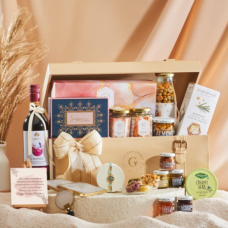 THE GIFT STUDIO.COM | Luxe Gourmet Rakhi Hamper for Brother | Meenakari Bloom Rakhi, Non-Alcoholic Wine, Gourmet Snacks & Premium Leather Gift Box | Raksha Bandhan Gift-image-38