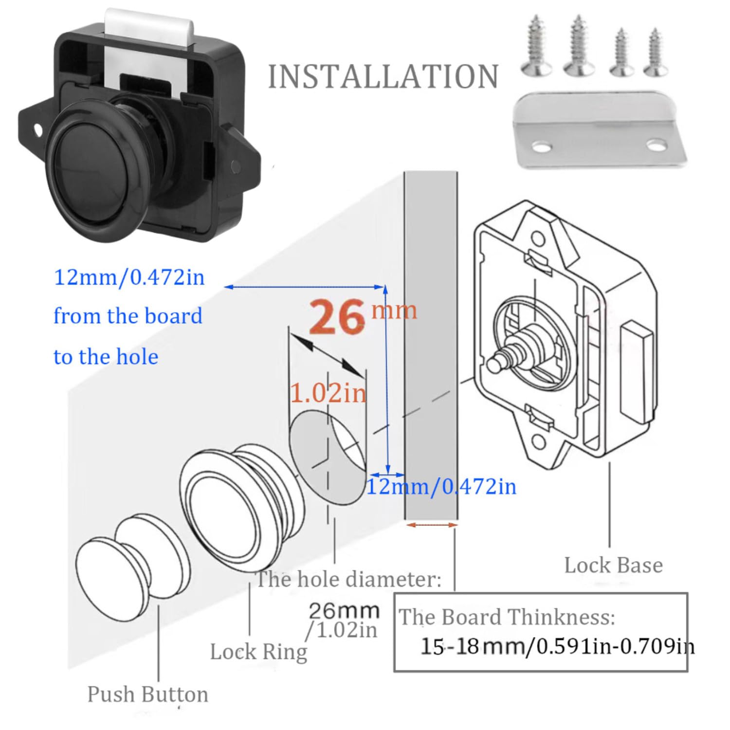 Schlüssellos RV Schrankschlösser mit Groß Push Button, ABS RV Cabinet Catch Verriegelung für RV Wohnmobile Wohnmobil-Anhänger Wohnwagen Van Yachten Boote (Schwarz 5 Stück)