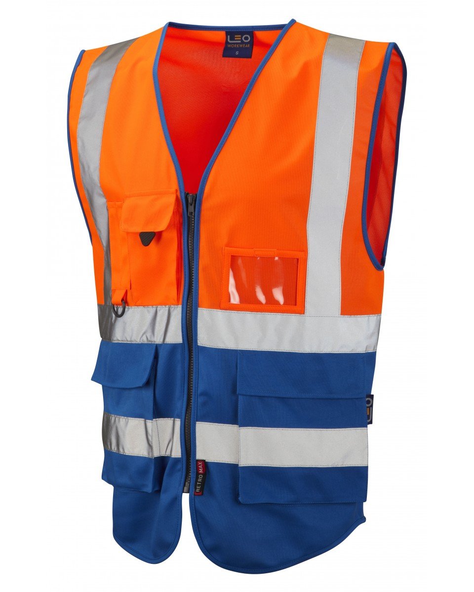 Leo Workwear Lynton W11 Dual Colour Hi-Vis Class 1 Multi-pocket Superior Waistcoat, 6XL, Orange-Royal Blue