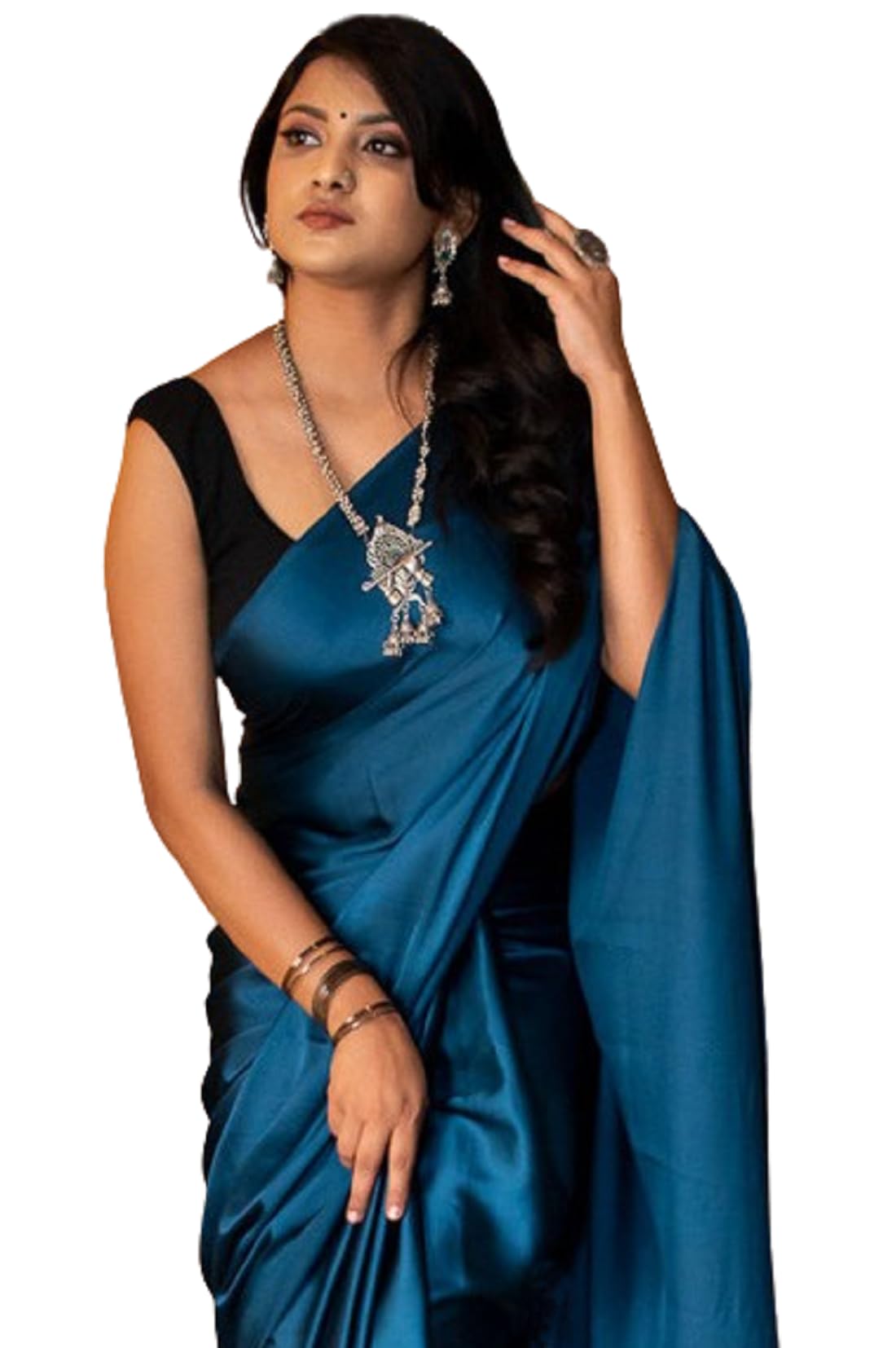 Women's Ready to Wear Plain Blue Satin Silk 1 Minute Pre Pleated Saree with Black Unstiched Blouse