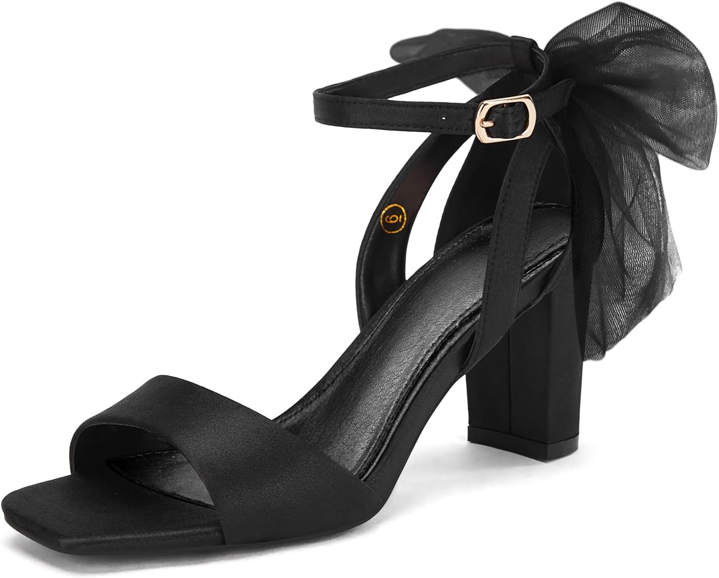 Coutgo Women's Bow Tie Heeled Sandals Chunky Heels One Strap Satin Ankle Buckle Dress Wedding Shoes