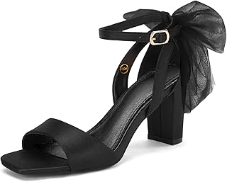 Women's Bow Tie Heeled Sandals Chunky Heels One Strap Satin Ankle Buckle Dress Wedding Shoes - Buy now