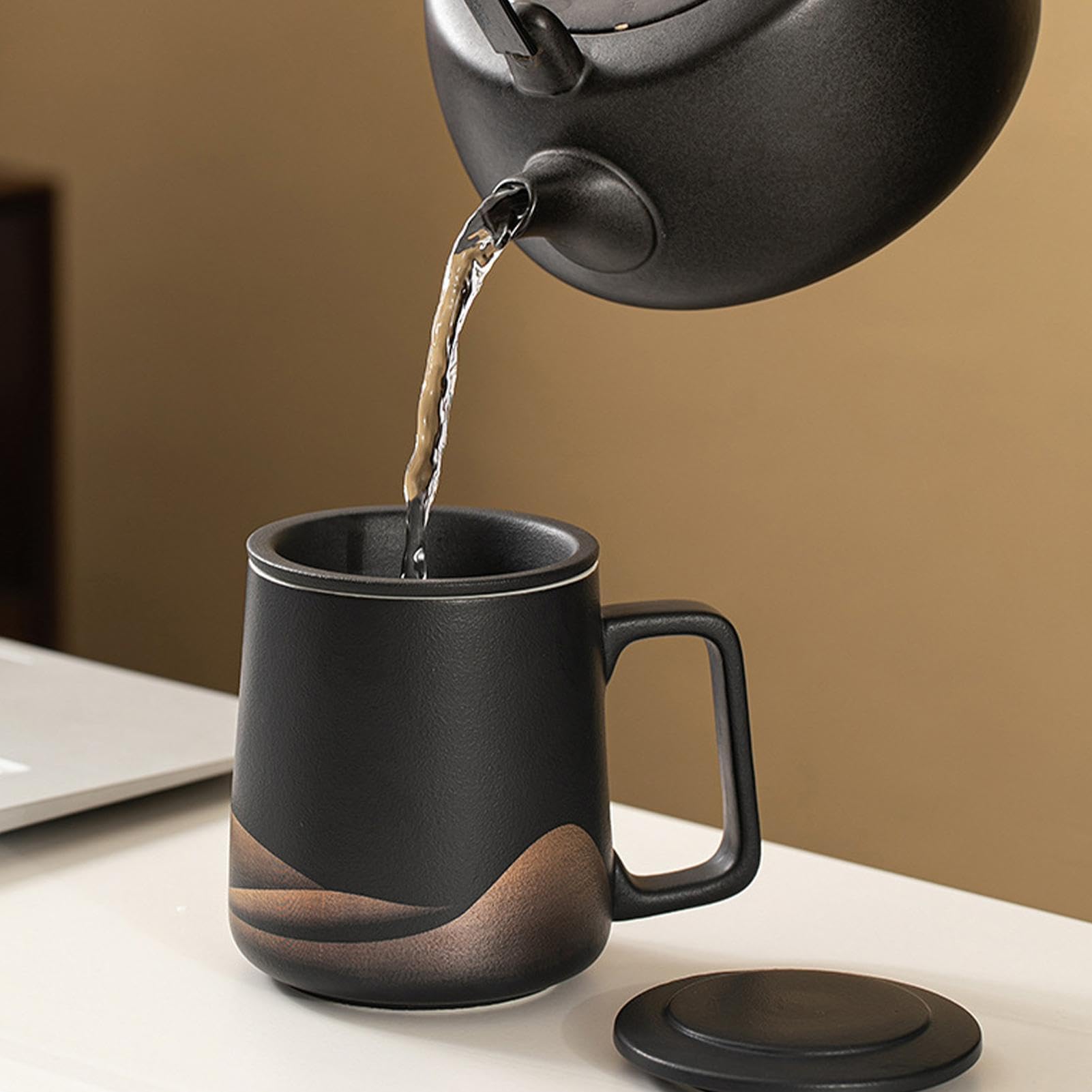Taza De Té Con Tapa De Infusor - Taza De Filtro De Cerámica Mate De 360 ​ml, Té Con Colador Esmaltado Negro Pintado A Mano | Juego De Elaboración De Té Para Hombres Y Mujeres,