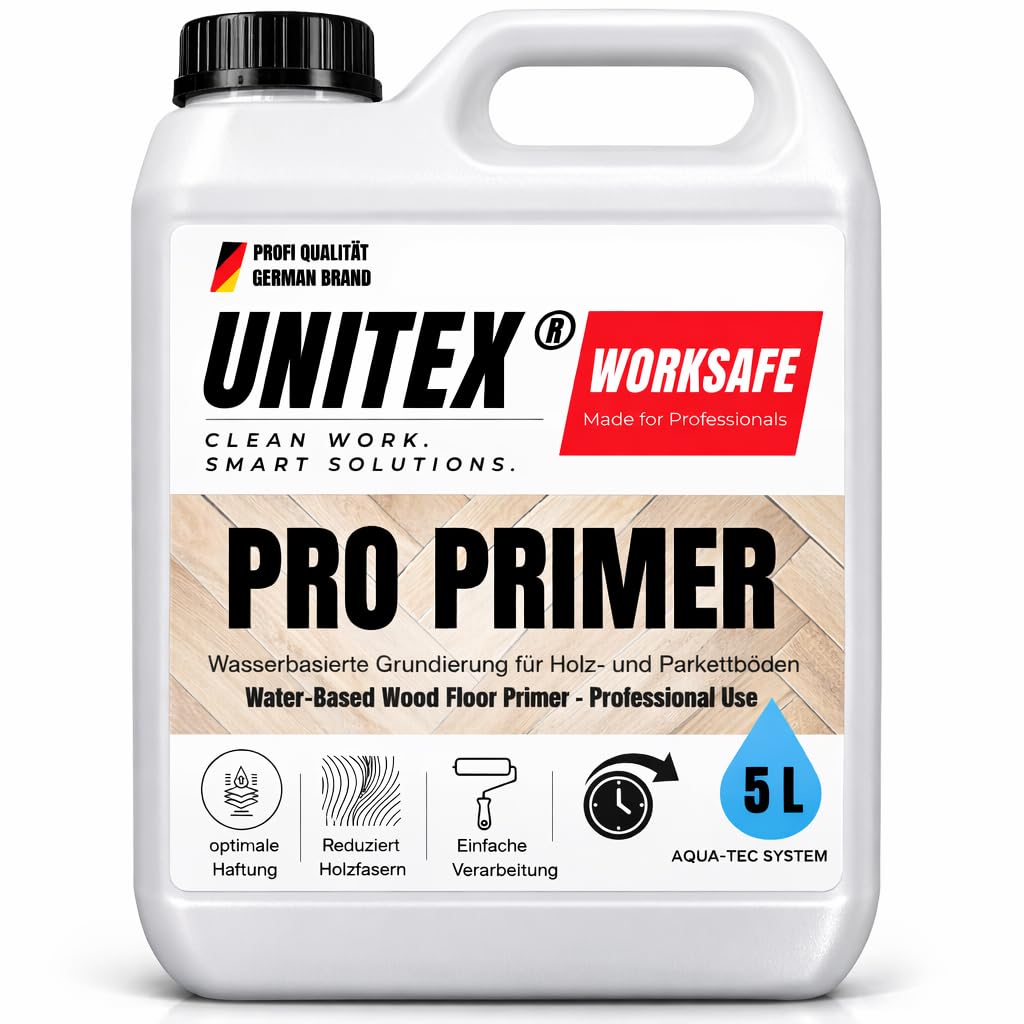 unitex Parkett Grundierung 5L Wasserbasiert – Holz Primer für Parkett & Dielen – VOC-frei, Schnelltrocknend & Schutz vor Seitenverleimung – Grundierung Wasserlack Holz