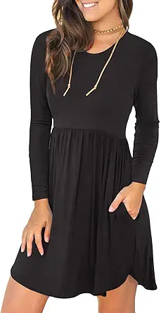 LONGYUAN Womens Long Sleeve Dresses Casual Loose Fit Swing Dress Hide Belly with Pockets