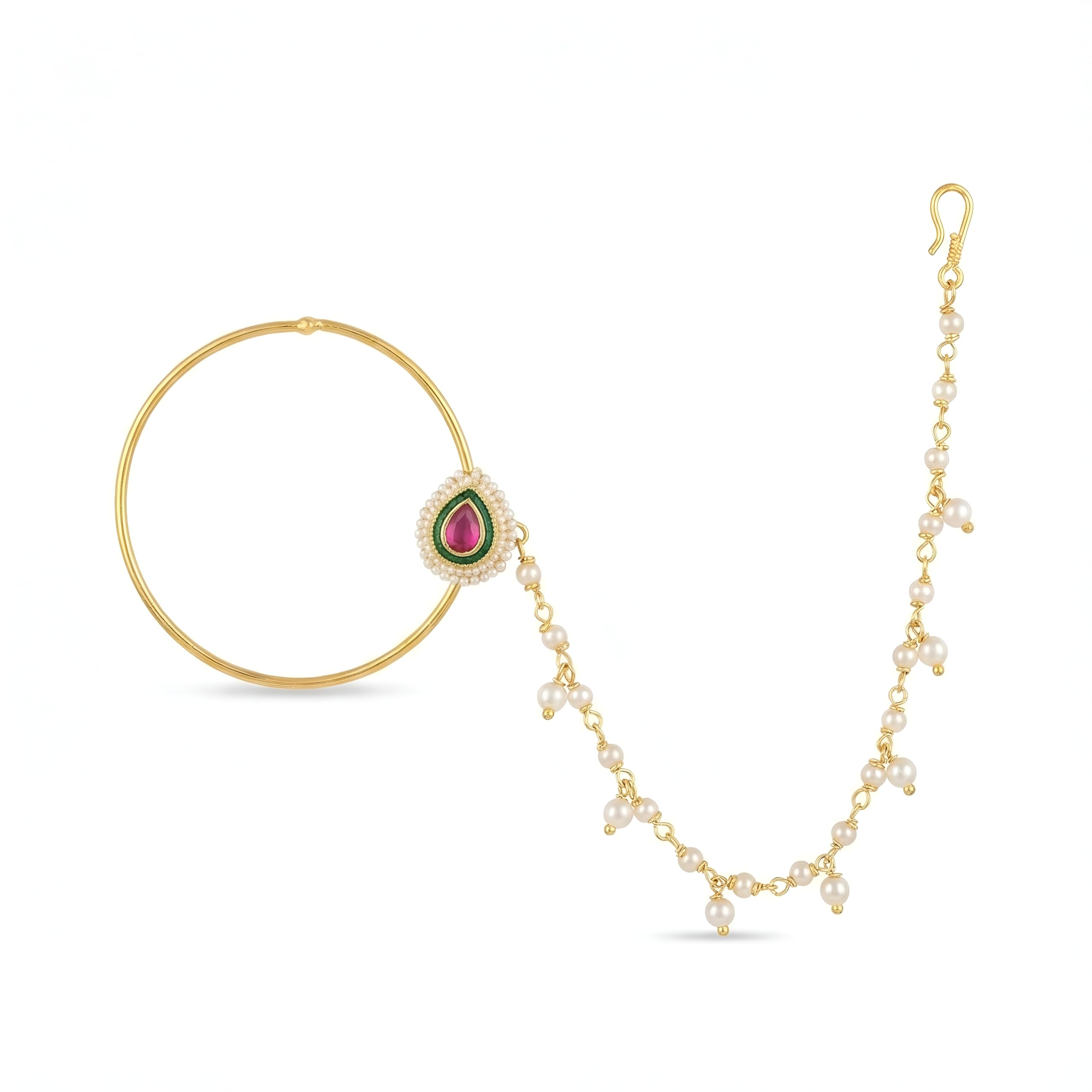 Kundan Pearl Nose Chain Nath for Women | Golden Polish Bridal Nath with Chain | Elegant Wedding Jewelry for Women and Girls-image-48