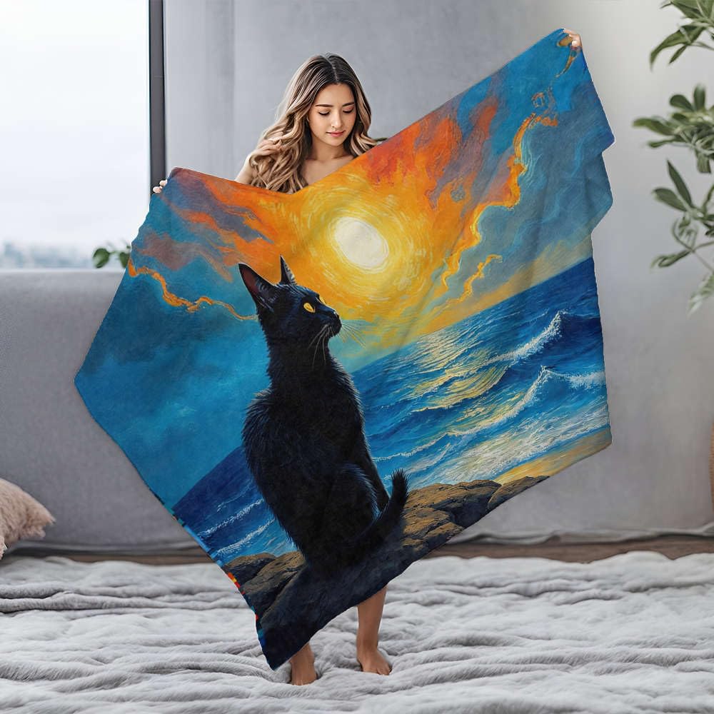 Couverture flanelle bleu contre les courants d'air : petite couverture chat noir isolante