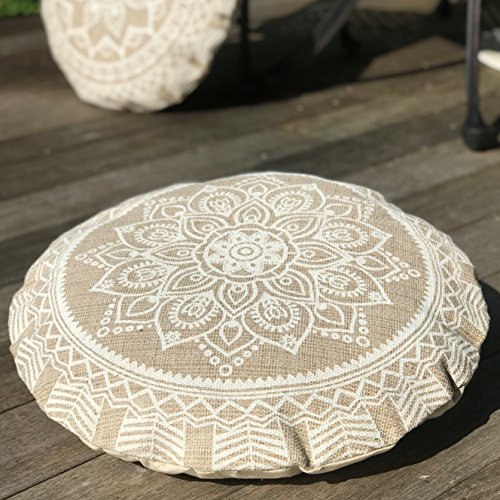 Whw Whole House Worlds The Mandala Floor Cushion, Layered Roundels, Beige And White, Woven Polyester With Cotton Cover, Polyester Fill, 22 Inches Diameter, Sun Blossom Lotus, The Boho #TOP4
