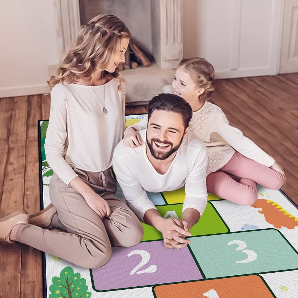 Dinosaur Hopscotch Numbers Play Area Rug for Kids Room Bedroom, Non-Slip Toddler Boys Girls Educational Runner Rug for Playroom, Cute Dino Learning Hop Count Floor Carpet, Large 63"*32"