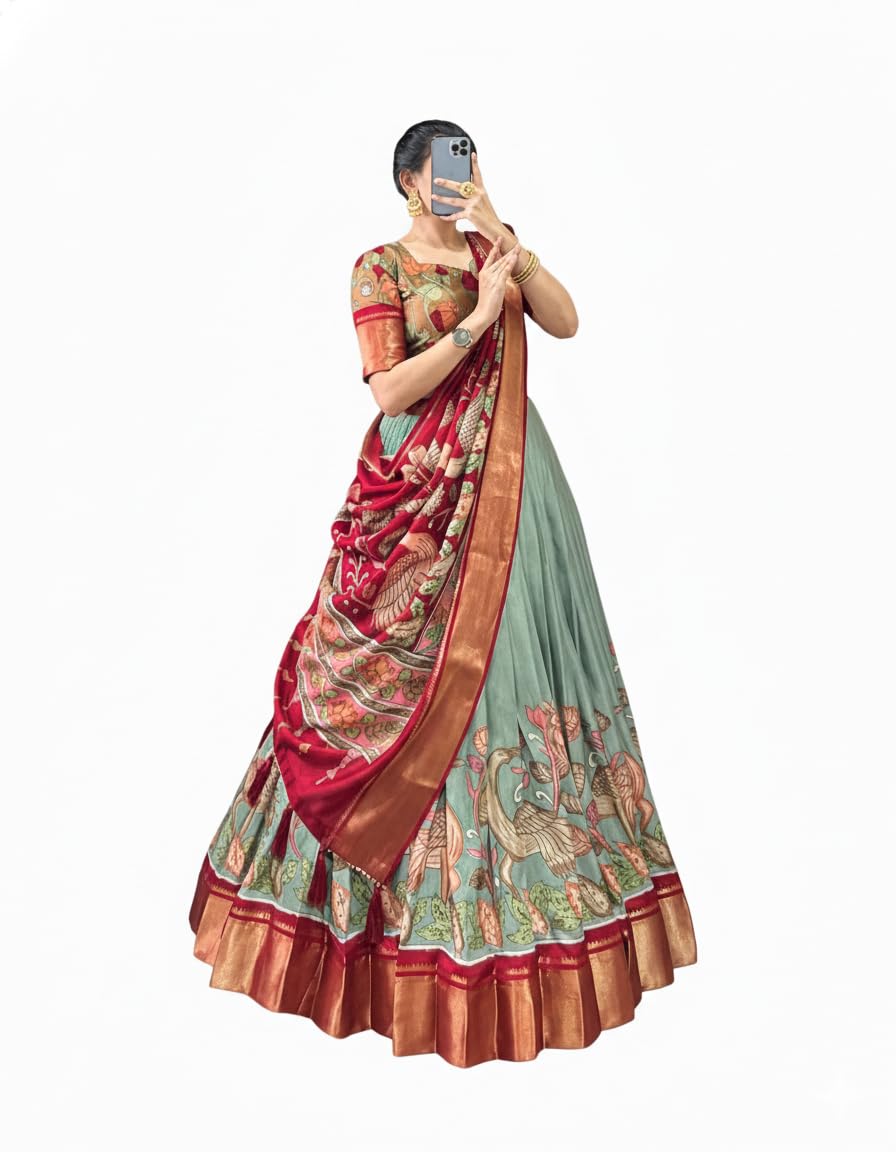 Women's Tussar Silk Blend Leheriya Semi Stitched Lehenga Choli Set with Foil Print Half Sleeves Round Neck and Solid Pattern