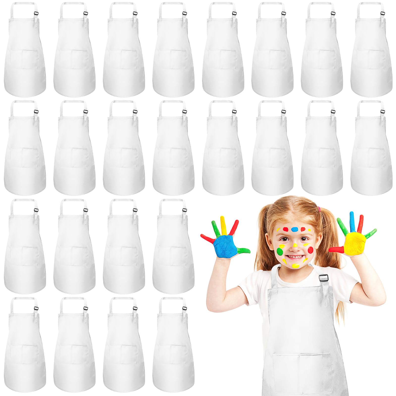 24Pcs Kids Apron Bulk, Adjustable Children Kitchen Chef Art Aprons White Cooking Apron with 2 Pockets for Boys Girls Painting Baking, L for 7-13 Age