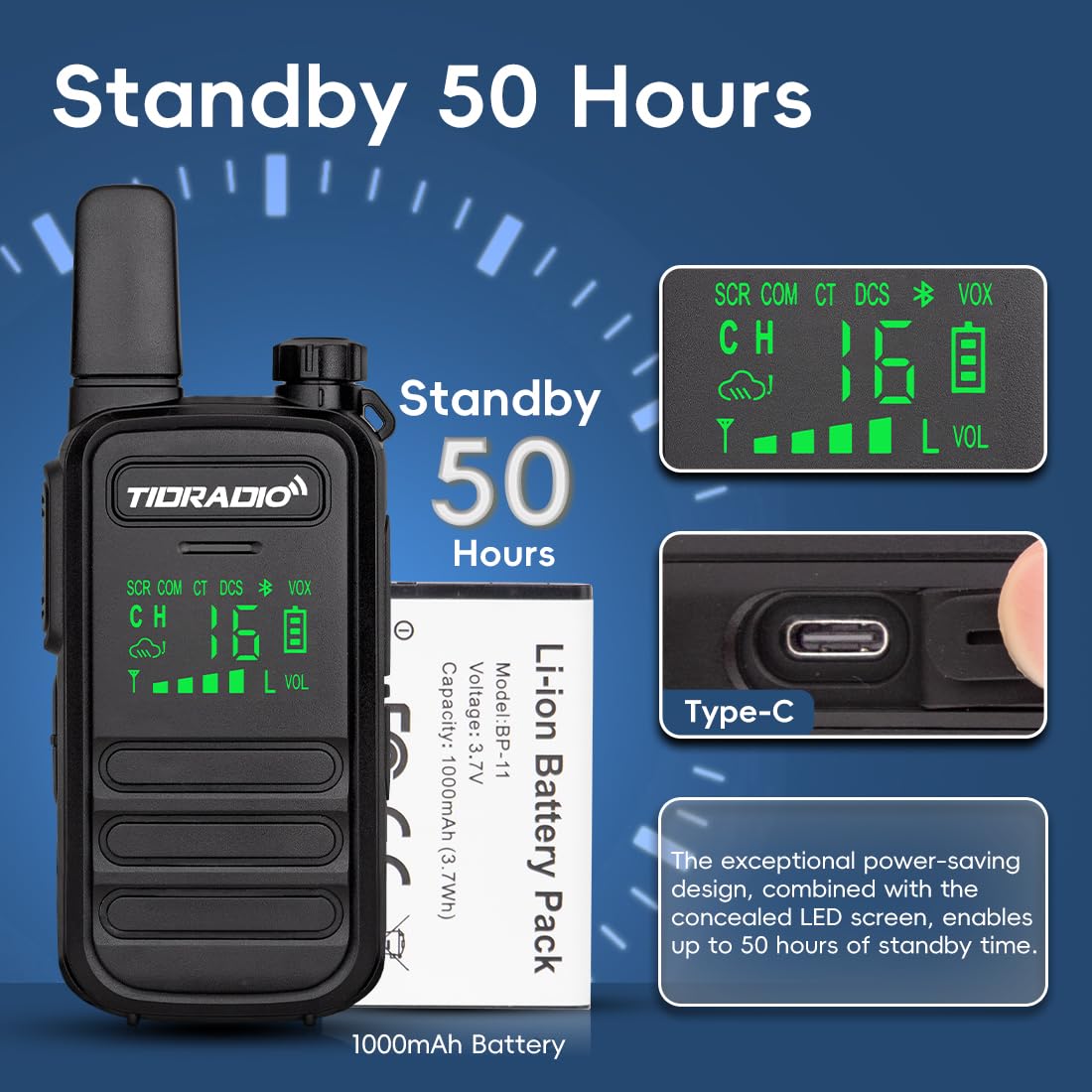 TIDRADIO TD-M11 Walkie Talkies for Adults Kids, Long Range Waterproof PMR446 Licence Free 16CH Type-C Rechargeable LED Light Screen Earpieces-2Pack Two Way Radio — view 7