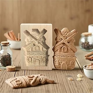 Wooden Cookie Molds, Press Cookie Stamps With 3D Design, Wood Biscuit Cutter for Baking Halloween Thanksgiving Christmas (Windmill)