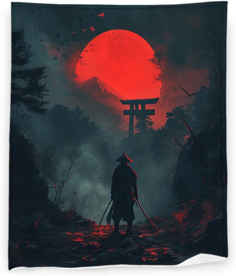Bushido 60" x 80" Japanese Samurai Red Sun Mount Fuji Ninja Super Soft Bedding Fleece Throw Blanket Luxury Bed Blanket Sofa Living Room Bedroom Warm Lightweight for Men and Women