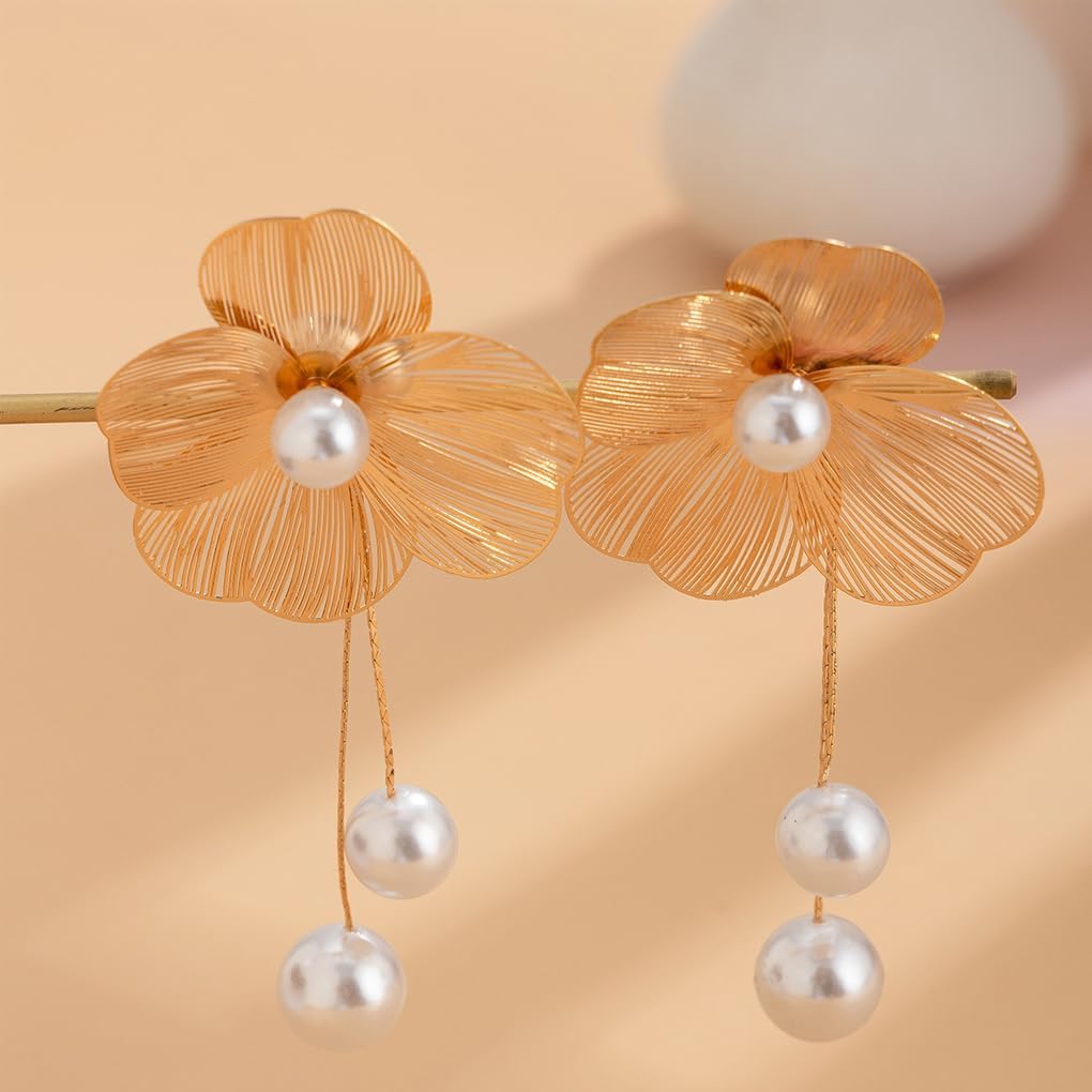 Flower Earrings for Women Dainty 14K Gold Freshwater Pearl Floral Dangle Earrings Long Pearl Ginkgo Leaf Drop Earrings Trendy Prom Jewelry Gifts - Image 6