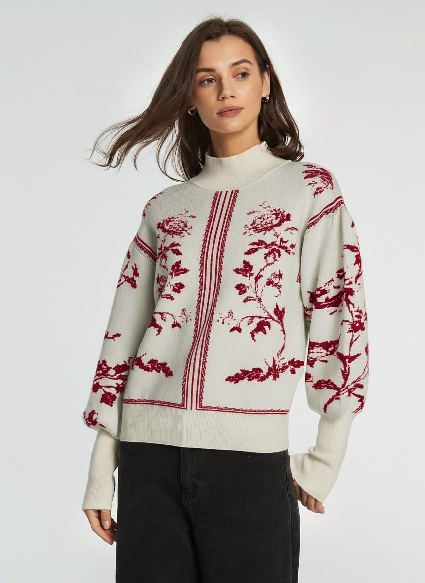 Women's Turtleneck Sweater Print Long Lantern Sleeve Fall Fashion 2025 Trendy Knit Pullover Tops - Image 6