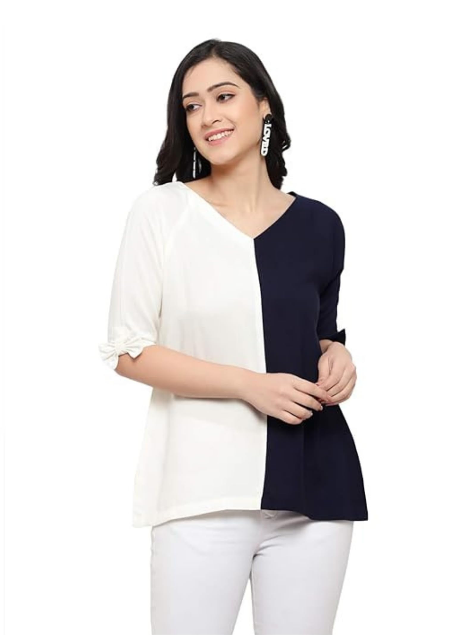Women's Polyester Cotton Double Shaded Top with Solid Regular Fit Solid 3/4 Sleeve V Neck | Top for Women's-picture-51