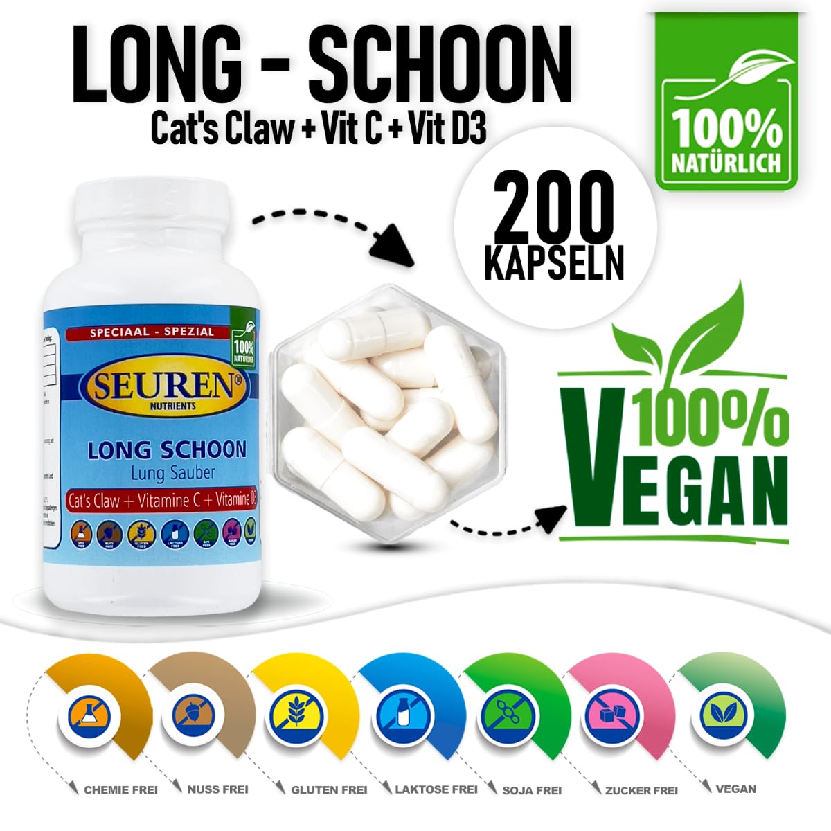 Nutrientes Seuren | Pulmón limpio Uña de gato + Vitamina C + Vitamina D3 | 200 cápsulas Para el sistema inmune.