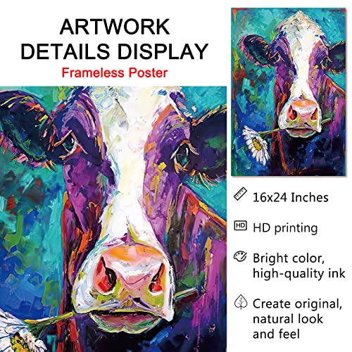 Abstract Cow Wall Art Farmhouse Animal Canvas For Bathroom Cow Painting Flower Cow Poster Prints Teal Farmhouse Pictures Cow Watercolor Painting Daisy Cow Art Colorful Cow Artwork 16X24Inch Frameless #TOP3