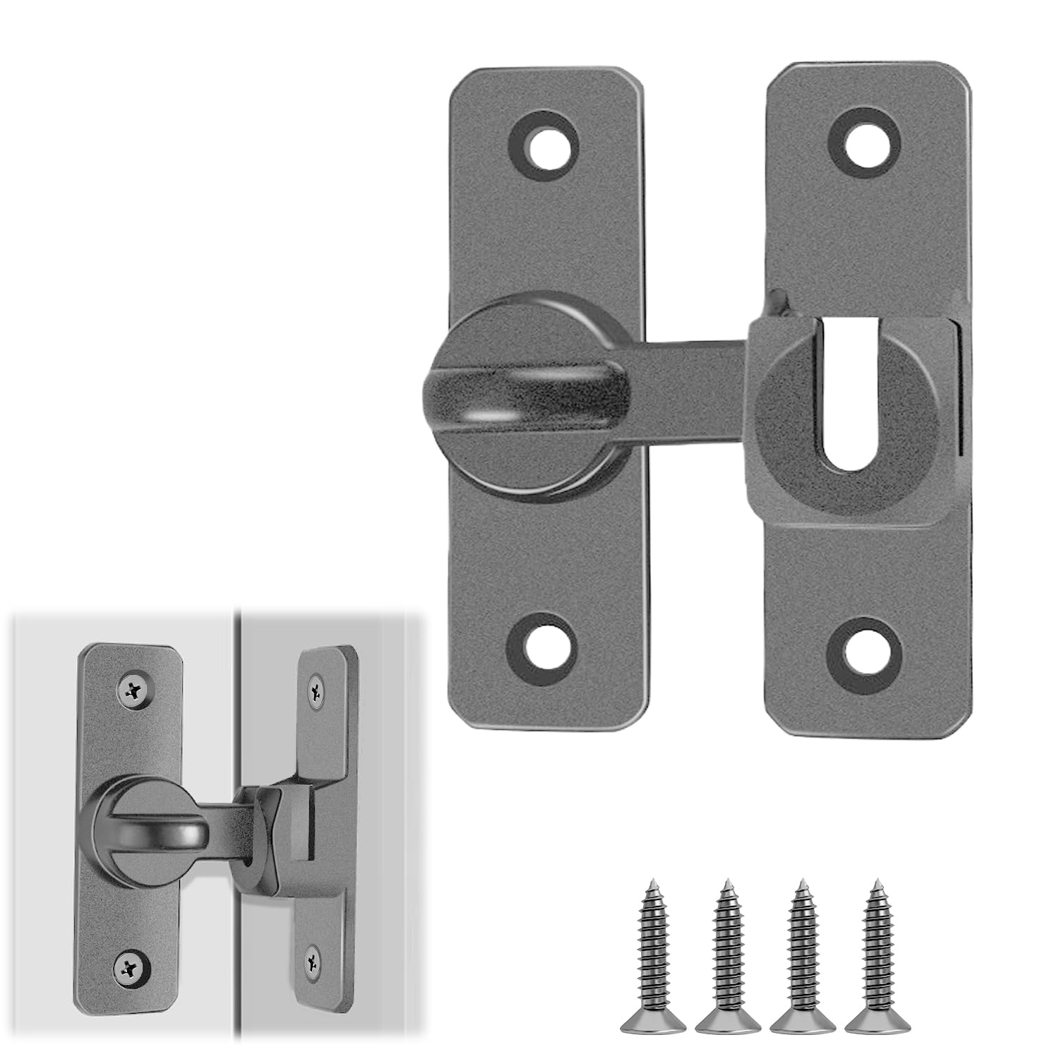 Aluminum Alloy Door Lock, 90/180 Degree Universal Door Latch Gray Flip Lock with Screws for Bathroom, Bedroom, Cabinet, Shed, Patio Doors Locks and Gate Security
