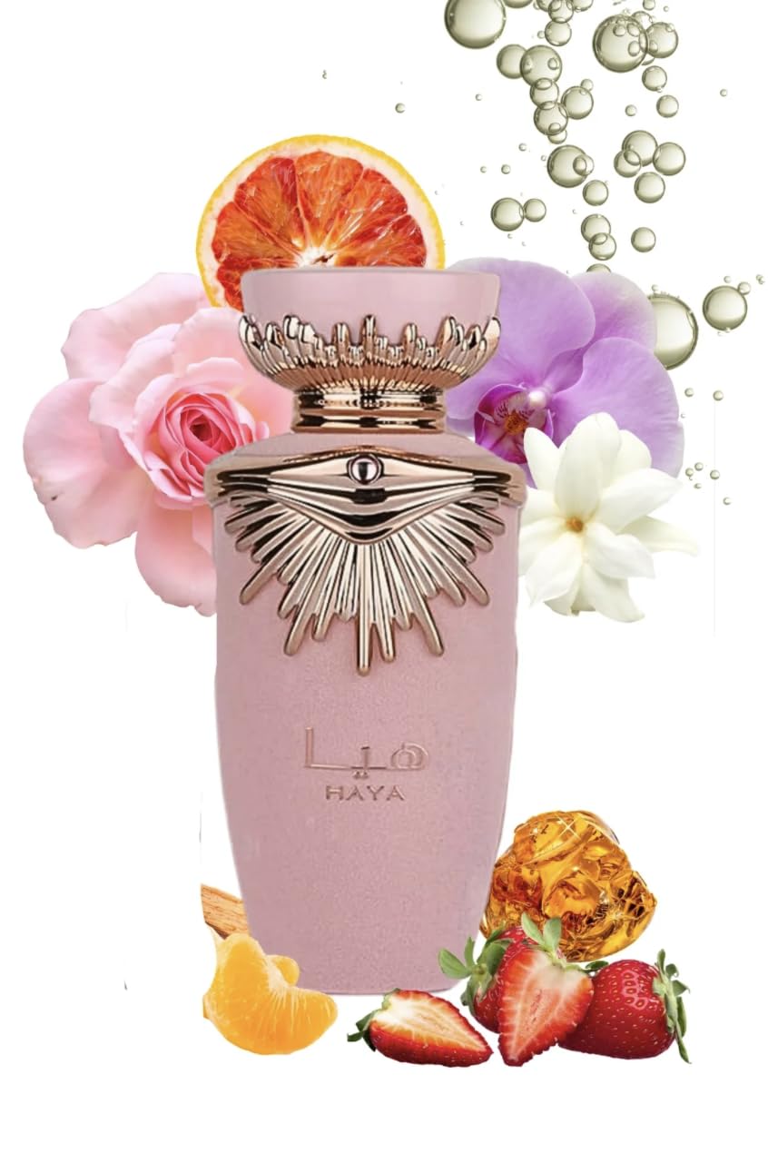 Profumo di faggio da 100 ml, profumo arabo da donna di lunga durata, Eau de Parfum, con atomizzatore ricaricabile 5 ml, fragranza floreale e dolce con note di champagne, Gardenia e Pralina (Haya)