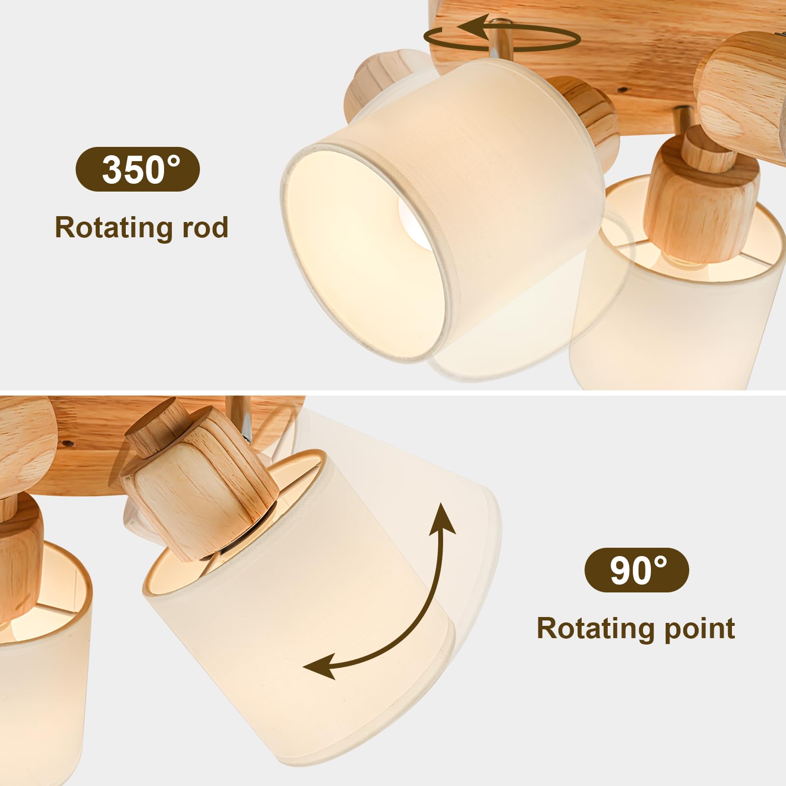 Lámpara de Techo 3 Focos Orientable Redonda, Madera Plafones de Techo E14 Plafón Foco de techo Retro Aplique Pared Interior Giratorios Para Cocina Pasillos Salón Dormitorios, Sin Bombilla