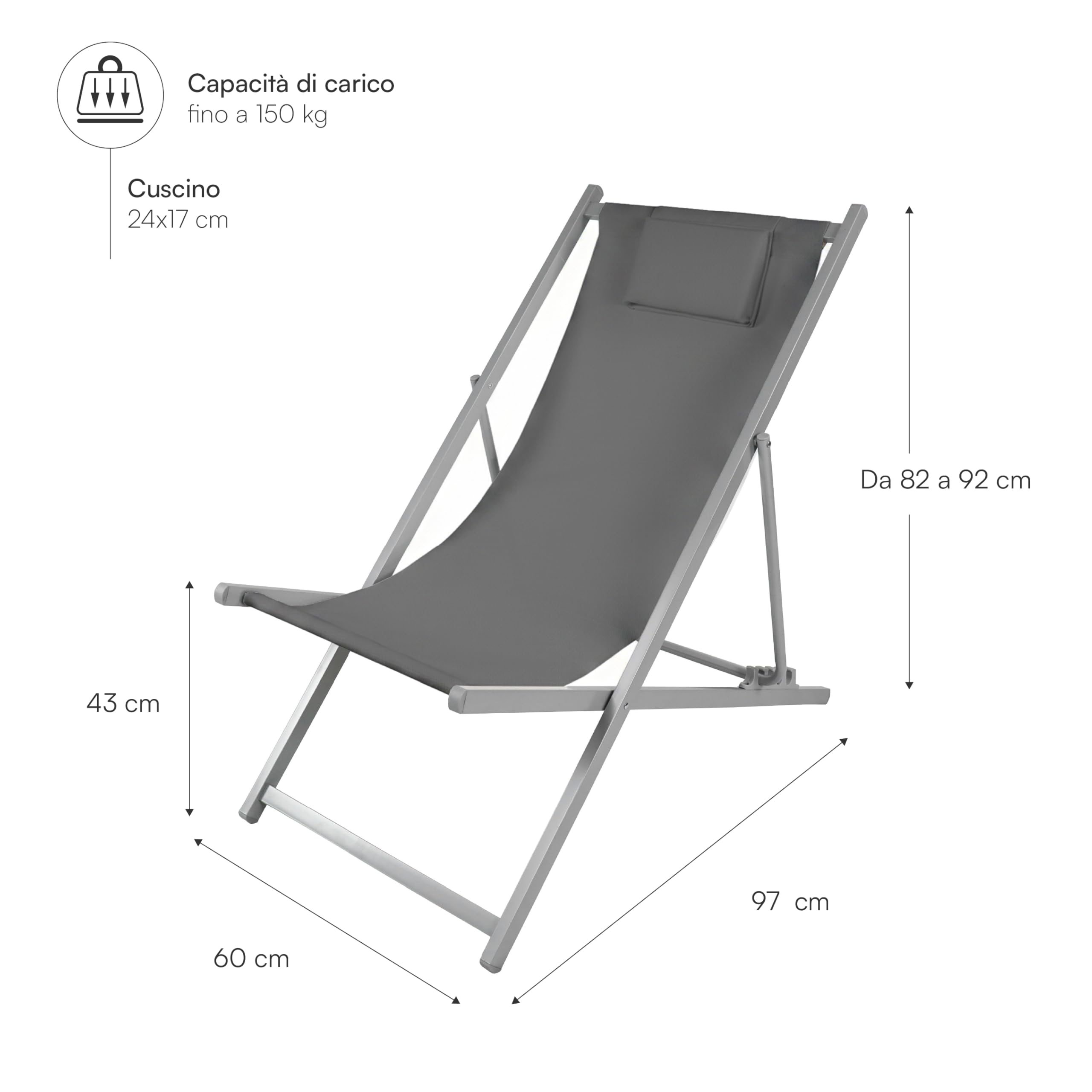 Baroni Home Sdraio da Giardino Pieghevole Reclinabile 60x97x92 cm Grigio