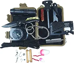 Kit Sobrevivência Emergência Camping Trilha Canivete Pesca Lanterna Pederneira Bússola Acampamento, Com Estojo