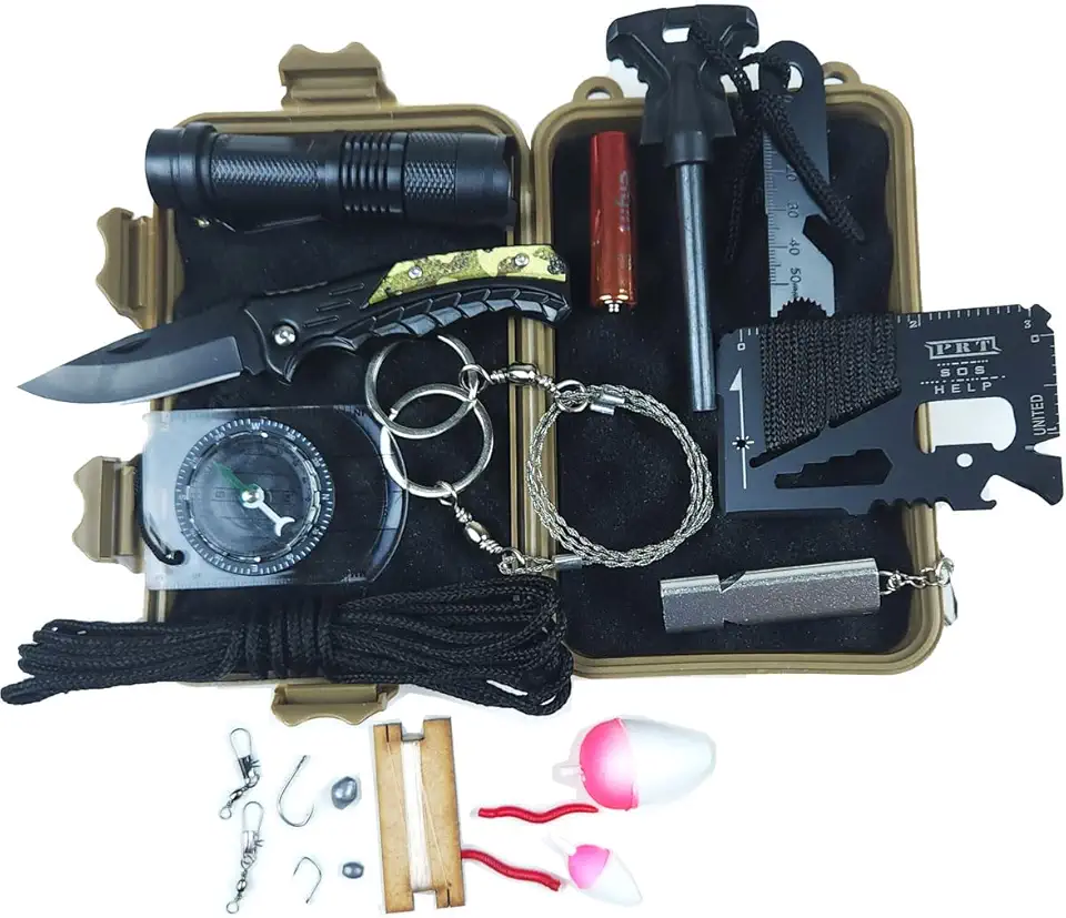 Kit Sobrevivência Emergência Camping Trilha Canivete Pesca Lanterna Pederneira Bússola Acampamento, Com Estojo