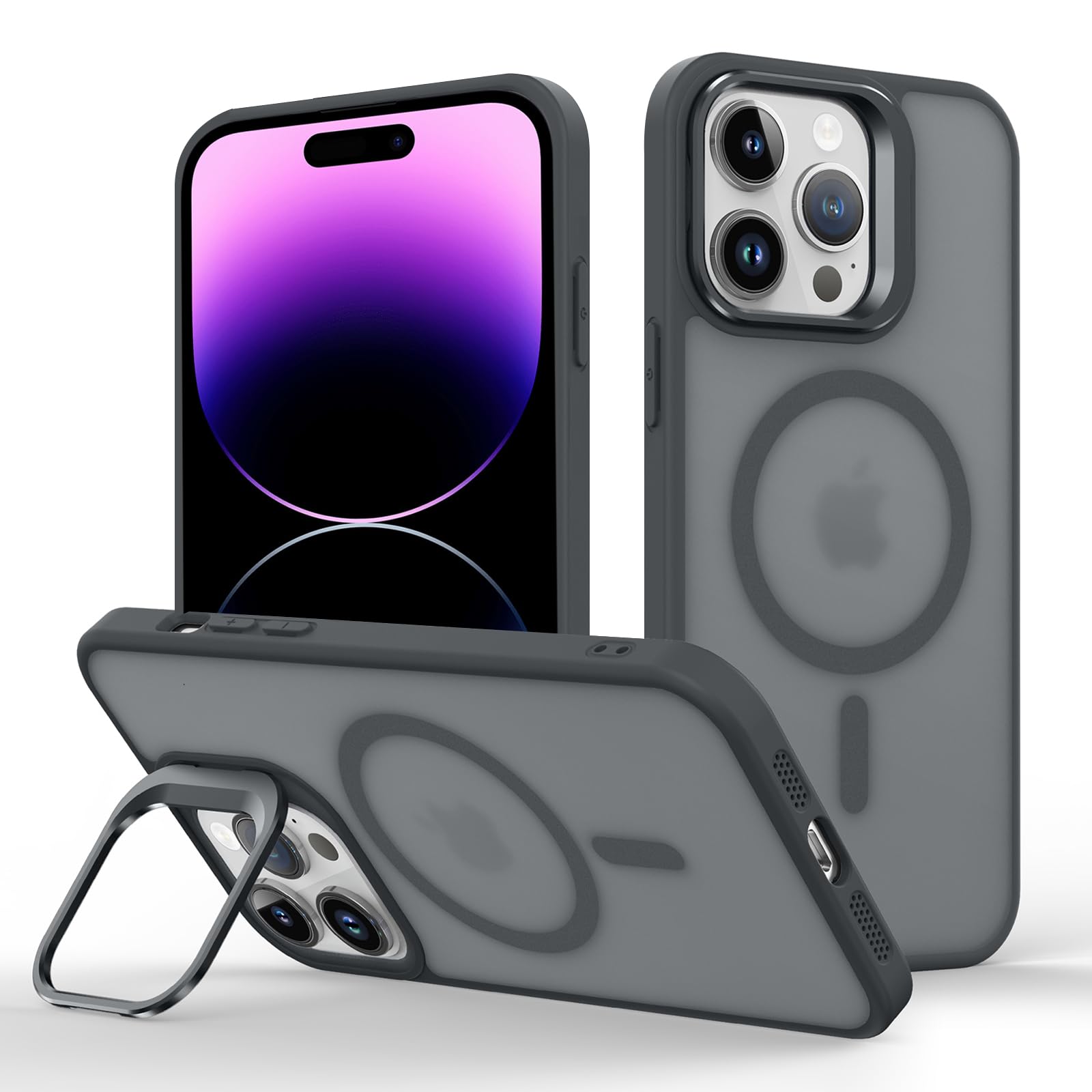 SUGOOL Magnetic Phone Case with Kickstand, Military-Grade Drop Protection, Compatible with Magnetic Charging, Matte Anti-Fingerprint Finish (Black, for iPhone 15 Pro Max)