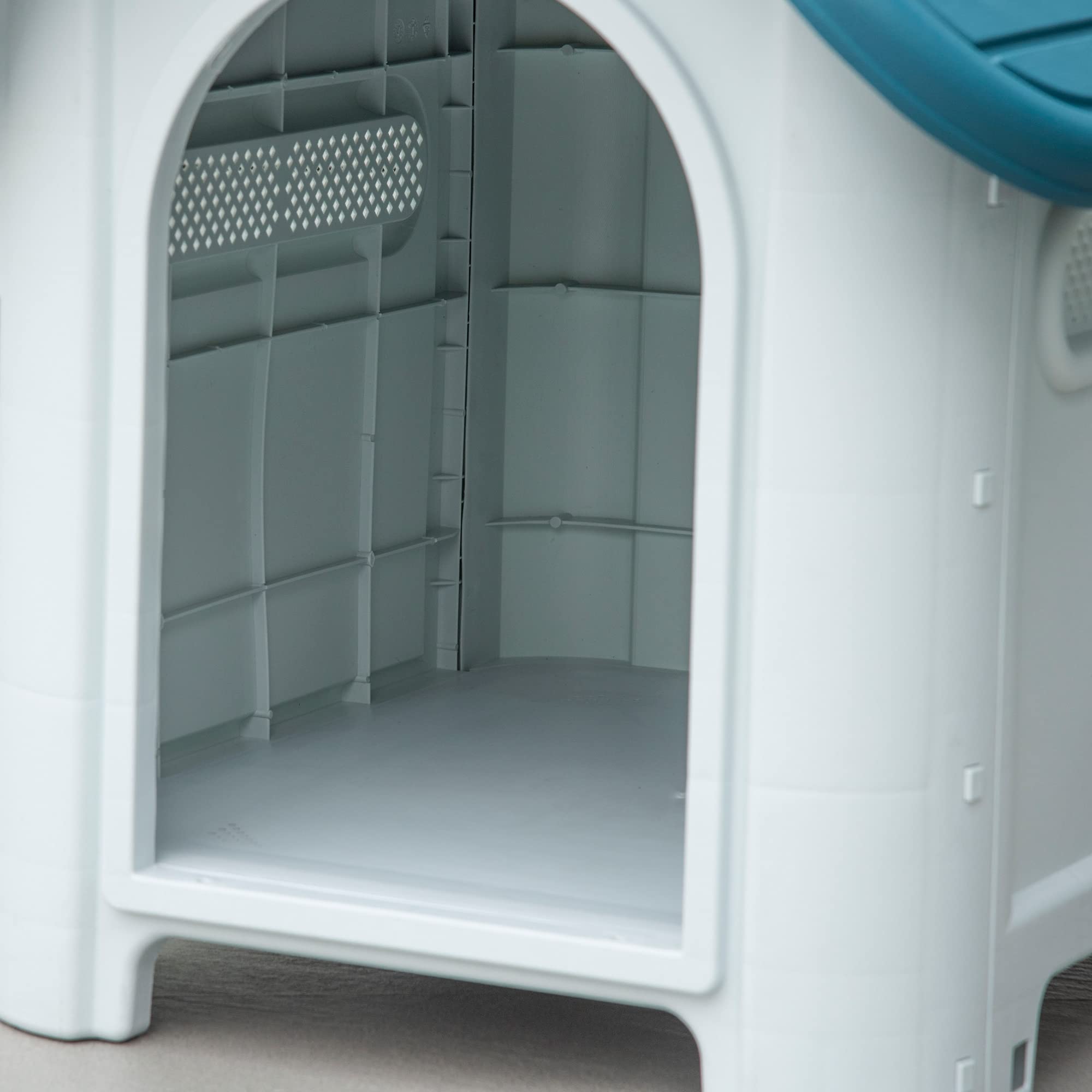 PawHut Caseta para Perros Mini para Uso Interior y Exterior con respiraderos Estilo Cabaña Resistente 59x75x66 cm Azul y Gris