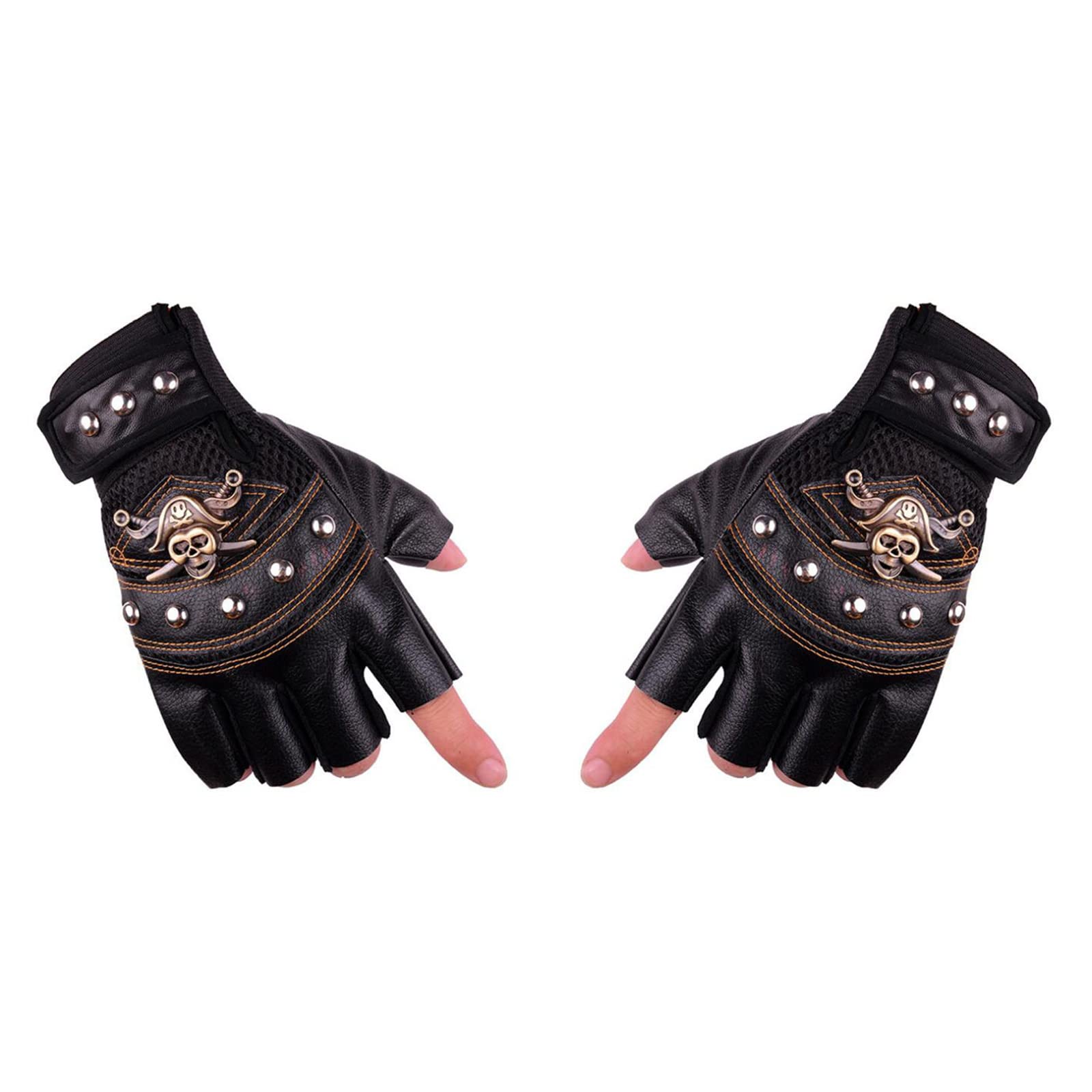 Half Finger Motorcycle Gloves Skull PU Motocross Gloves Perforated Gloves Studded Half-Finger Cool Pirate Skull