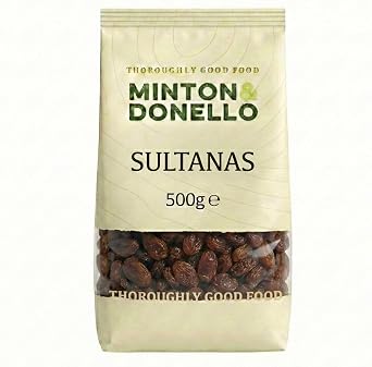 Minton & Donello Sultanas 500g Pack - Natural Sweet Dried Fruit, Baking, Cooking, Snacking, Cereals, Salads & Puddings, Plump Juicy Rich Fruity Flavour, Source of Fibre, Pantry Staple Ingredient