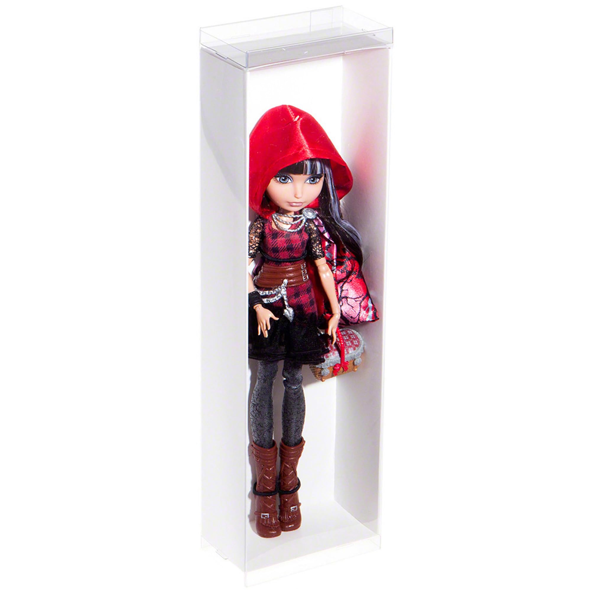 DollSafe Clear Folding Display Box with White Liners and Black Elastic Stabilizers for 11-12.5 inch Dolls and Action Figures, 4