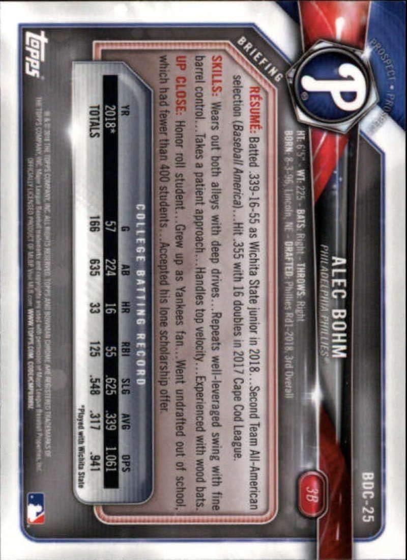 2018 Bowman Draft Chrome #BDC-25 Alec Bohm Philadelphia Phillies Baseball Card