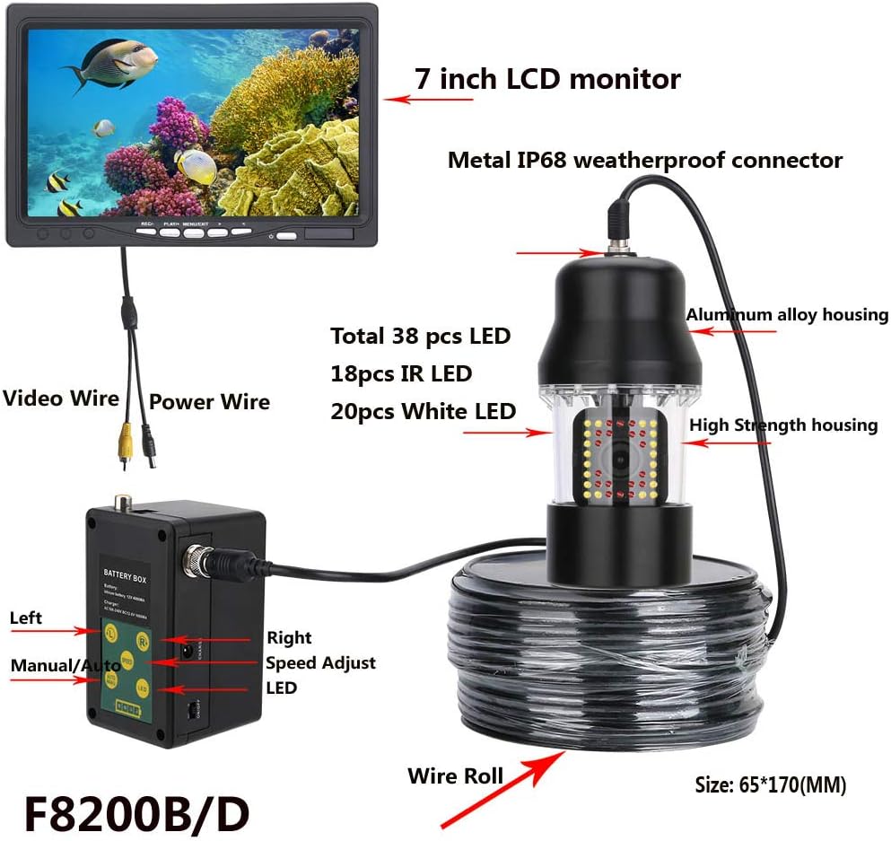 7 Inch DVR Recorder Underwater Fishing Video Camera Fish Finder IP68 Waterproof 38 LEDs 360 Degree Rotating Camera,100m (20m)