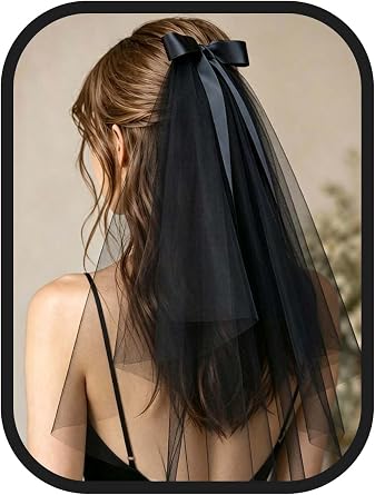 2 Tier Black Wedding Veil For Brides Short Fingertip Length Bridal Veils Gothic Bow Tulle Veil for Halloween