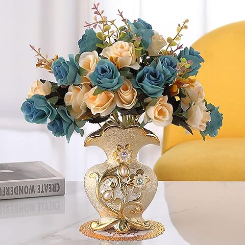 Miniatura 4 de Flores falsas en jarrón, mini flor artificial con jarrón de cerámica dorada, pequeños arreglos florales de seda para el hogar, oficina, comedor,