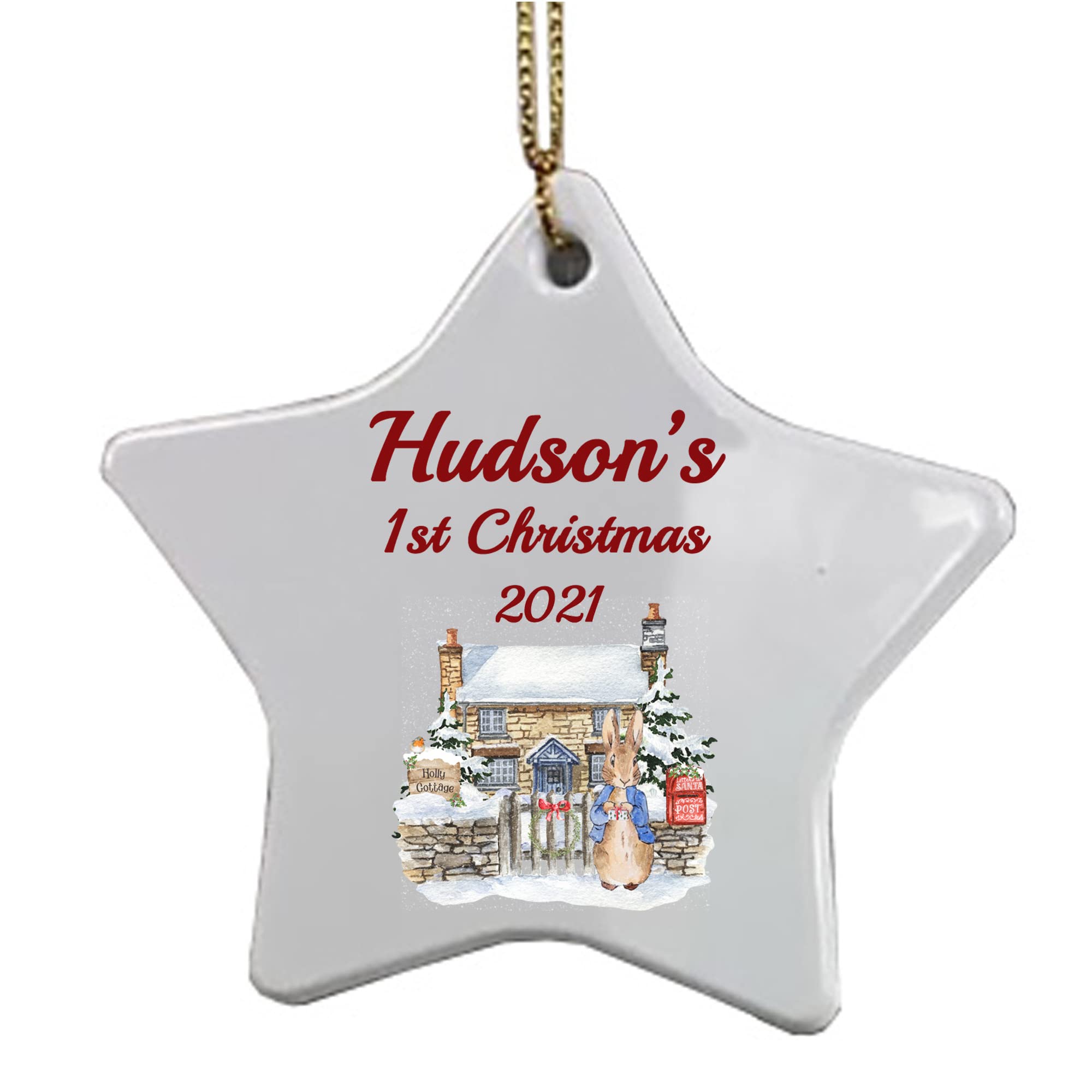 Gpg Ltd Girls Multicolor Little Rabbits "Holly Cottage" /Boys Star Shaped Personalised Christmas Tree Bauble – For Any Christmas