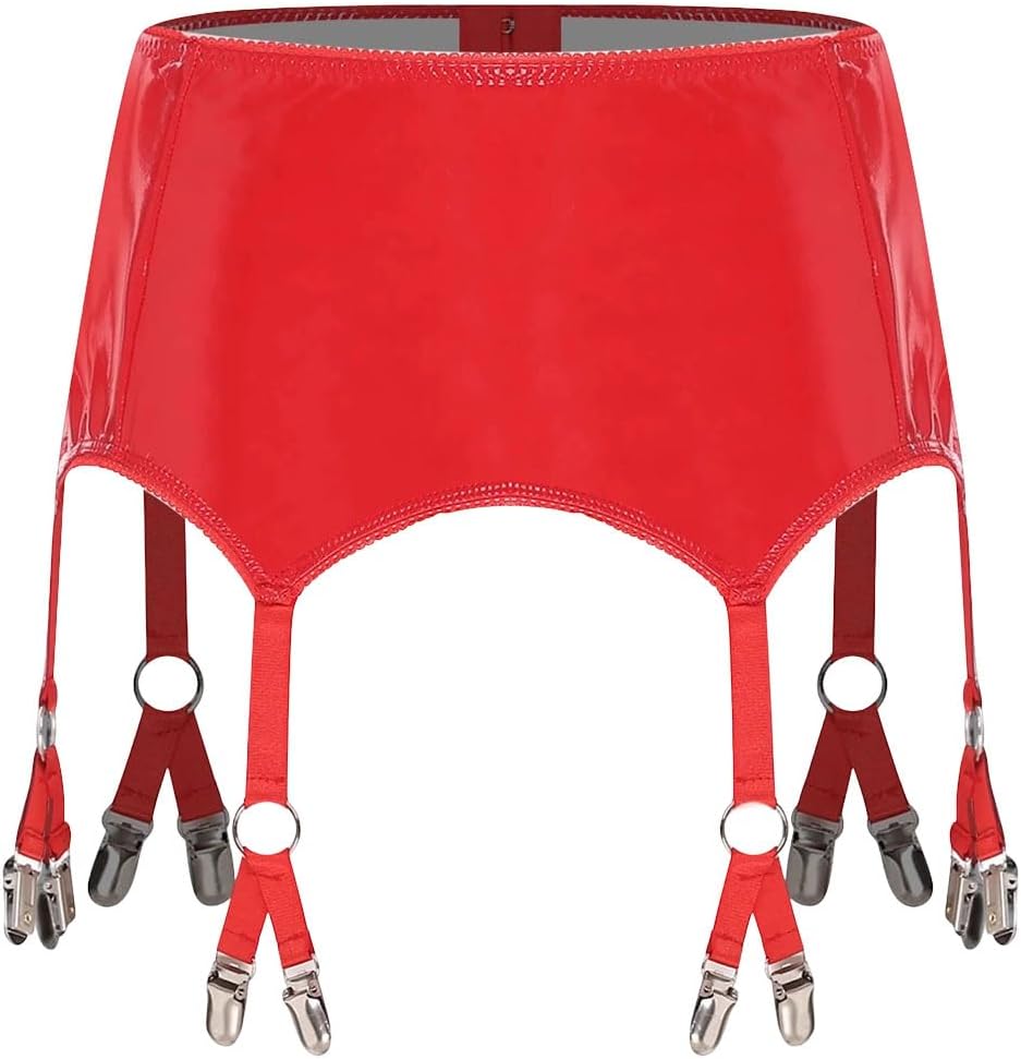 Women's Glossy Garters Suspender Belt Skirts with Metal Clips Waist PU Garter Belt Open Butt Intimate Accessories