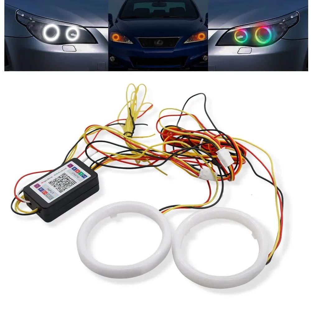 Generisch Angel Eyes Tagfahrlicht Einfache Montage 2pcs rgb+gelbe Bernstein Blinselfunktion Engel Augen Halo Ring Bluetooth App Car UTV Motorrad DRL Scheinwerfer dekoratives Licht(80mm)
